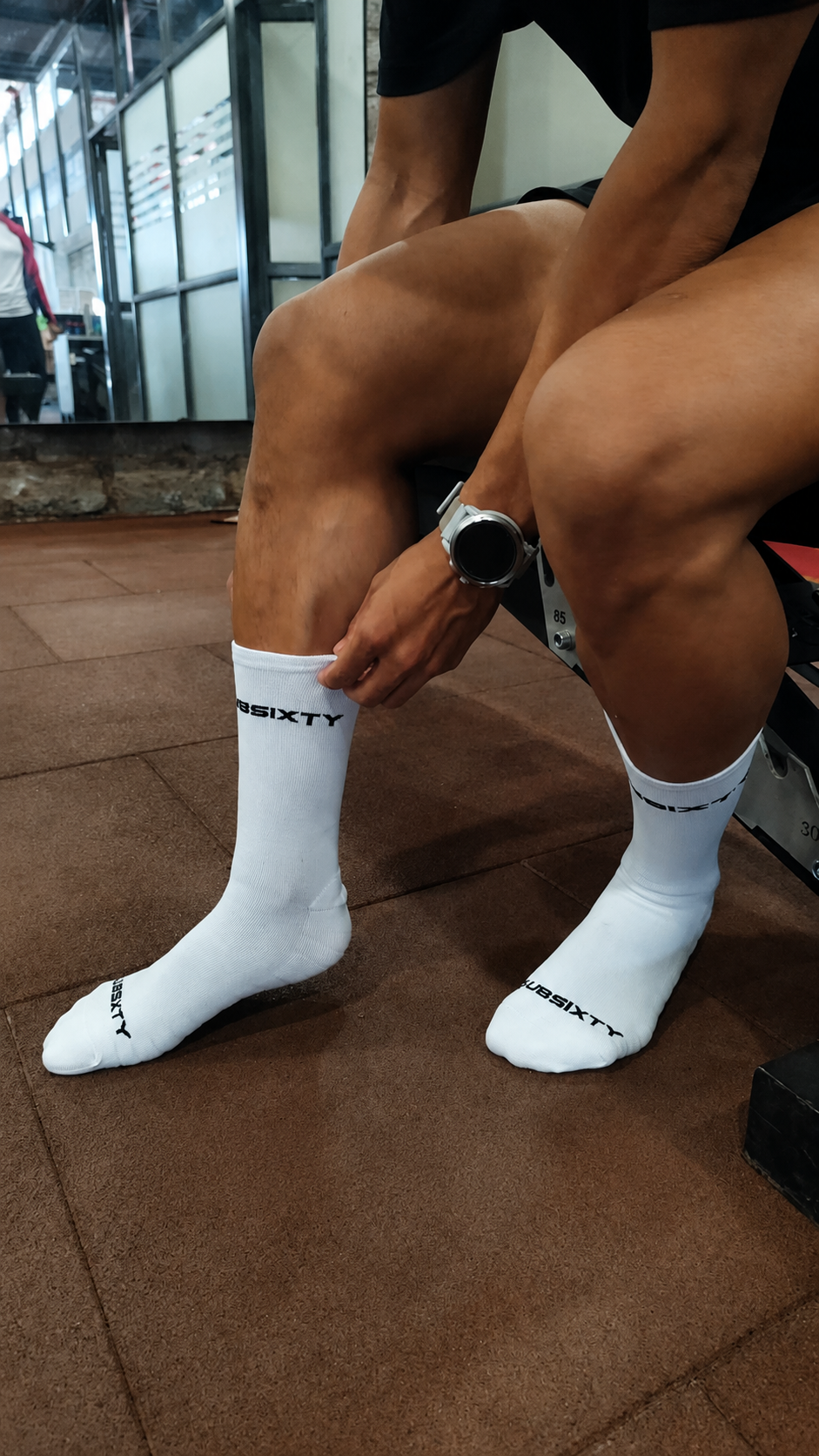 Subsixty white performance socks worn in the gym